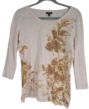 Talbots Pink Floral Tee Womens Medium Gold Shimmer Detail Casual Short Sleeve